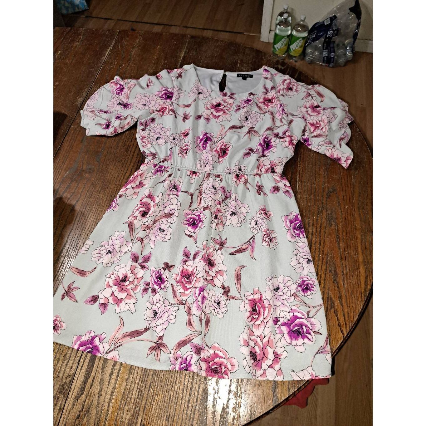 Large As U Wish Grey Pink Floral Butterfly Sleeve Elastic Waist Midi Dress